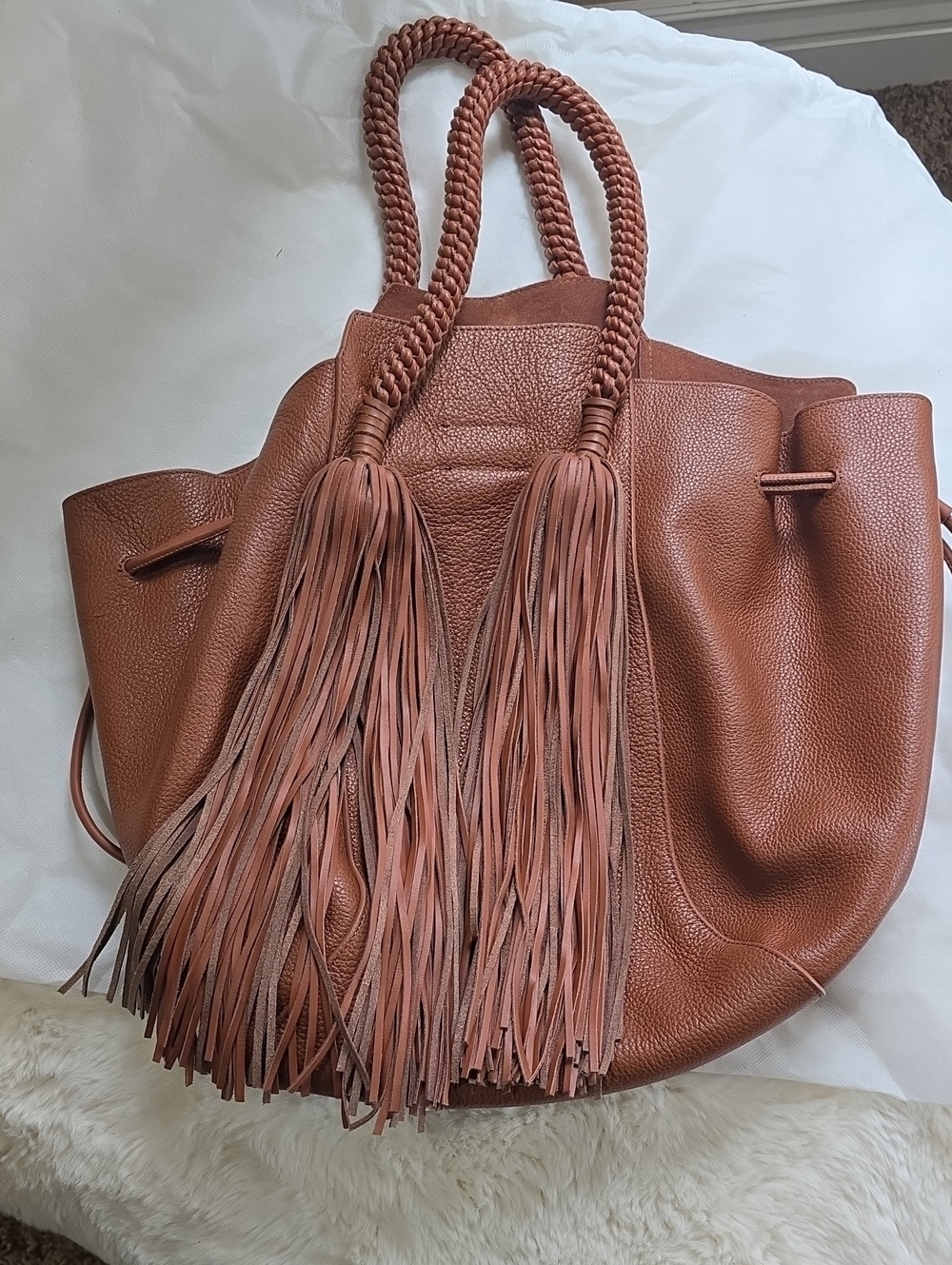 Ulla Johnson Braided Handle Fringe Leather Tote - Cognac
